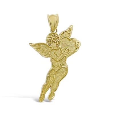 10K Yellow Gold Cupid Angel Heart Pendant Charm 1.3 inch - Image 1 of 3
