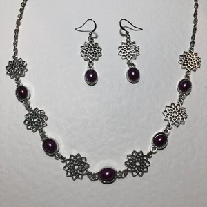 Filigrane BURGUND LILA Perle & Stern Blumen VIKTORIANISCH St. Silber Pl Halskette - Bild 1 von 7