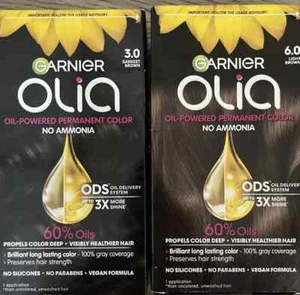 2 Pack Garnier Olia Permanent Hair Color #6.0 LIGHT BROWN & #3.0 darkest brown - Picture 1 of 2