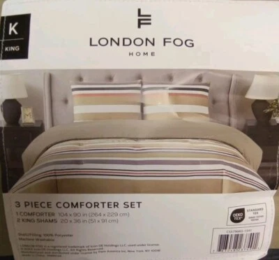 London Fog 3 Piece Comforter Size King Khaki Caron Stripe  - Image 1 of 2