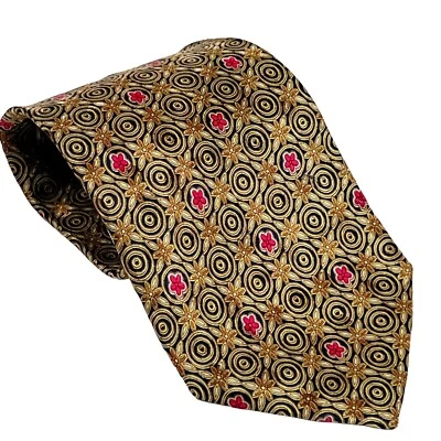 Gravata de seda BRIONI ouro amarelo redemoinho bullseye rosa quente floral ouro corrente amarrar - Imagem 1 de 4