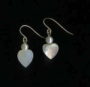 New 14K Solid Yellow Gold 9mm Heart White Mother Of Pearl Hook Stud Earrings )vr - Picture 1 of 1