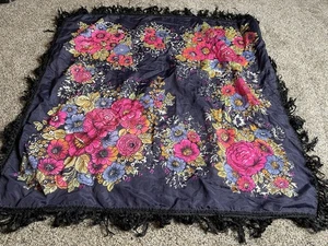 Vintage Bright Floral Neon Scarf Fringe Navy Blue Ukrainian Russian - Picture 1 of 6