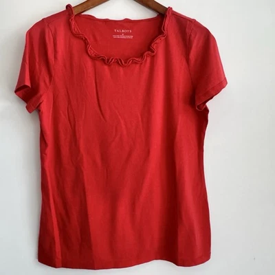 Talbots Tomato Red Pima Cotton Cascade Crew Neck Ruffle Tee Medium - Image 1 of 4