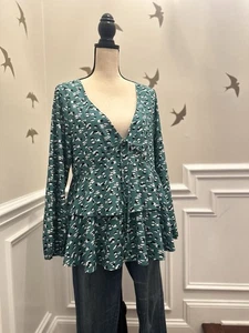 Grün Schößchen V-Ausschnitt Top Bluse Geometrisch Langarm Boho Witchy Sexy S Large - Bild 1 von 17