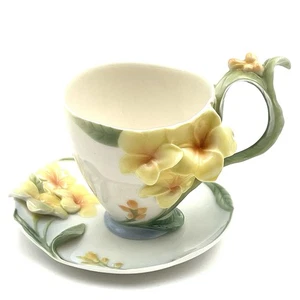 Taza de té y platillo Franz porcelana plumeria pintados a mano FZ00826 firmado retirado - Imagen 1 de 15