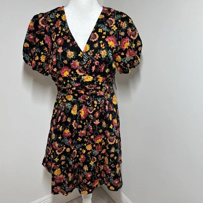 Jessica Simpson Black Multi Floral Babydoll Dress Puff Sleeves V-Neck Size M - Image 1 of 4