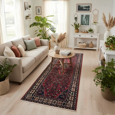 Alfombra de corredor turca 3x11 roja azul marino: lana anudada a mano corredor vintage Foto 1 de 4