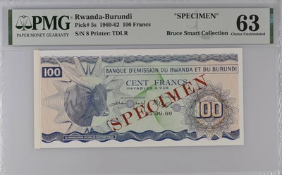 RWANDA BURUNDI 100 Francs 1960, P-5s, SPECIMEN, PMG 63 - Image 1 of 2