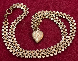 Antike viktorianische Doppel Halskette Kette Gravur Anhänger Herzform vergoldet - Bild 1 von 7