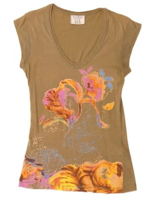 ZARA Womens Graphic T-Shirt Top UK 12 Medium Khaki Floral Cotton BE08 - Image 1 of 3