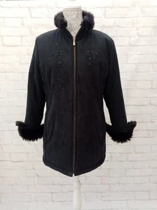 M&S Ladies Jacket Size 16 Black Beads Fur Trim 3/4 Zip Pockets Padding Lined - Picture 1 of 20