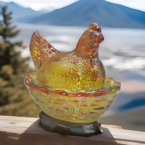 3" Hen Chick Marigold Iridized Glass Salt Cellar Trinket Covered On Basket Nest - Picture 1 of 16