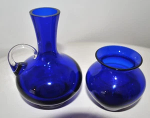 Cobalt blue Glass Duo- Vintage Pitcher Jug & Vase- Small Decorative-GC - Picture 1 of 5