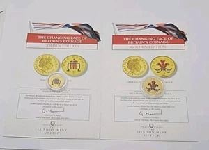 Goldgeschichtete Portcullis Penny 1p Münze und goldgeschichtete Straußenfedern 2p | COA - Bild 1 von 11