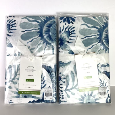 Pottery Barn Athena Floral Organic Cotton Blue White Standard Pair Pillow Shams - Image 1 of 4