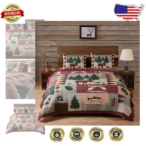 Rustic Queen Moose Lodge Quilt Set with Two Pillow Shams - Cozy Cabin Style - Picture 1 of 10