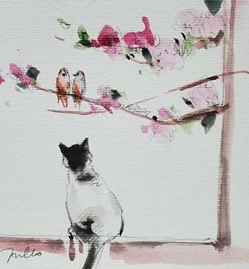 JOSE TRUJILLO Watercolor Painting Collectible ORIGINAL Cat Birds Flowers - Picture 1 of 8