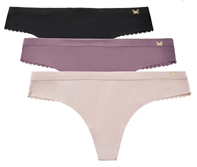 JESSICA SIMPSON Ultra Coqueta Negra Uva Rosa Encaje 3 Pk Tanga Panty Mujer M 6 Foto 1 de 4