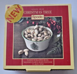 SPODE CHRISTMAS TREE Bowl Candy Nuts 4.25" VTG Disc Piece Earthenware Green Trim - Picture 1 of 6