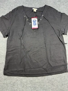 Matty M Shirt Womens Medium Black Short Sleeve Linen V Neck Lace Up Canvas New - Picture 1 of 10