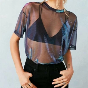 Camiseta Blusa Camiseta Prendas para el torso de malla transparente de manga corta para niñas - Imagen 1 de 13