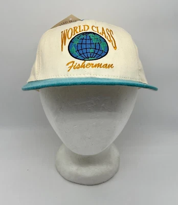Vintage World Class Fisherman DEADSTOCK Strapback Hat Ivory Teal Brim USA NWT - Image 1 of 4
