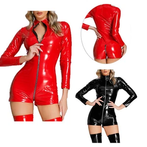 Women's Wetlook Patent Leather Bodysuit Long Sleeve Slim Fit Jumpsuit Clubwear - Imagen 1 de 28