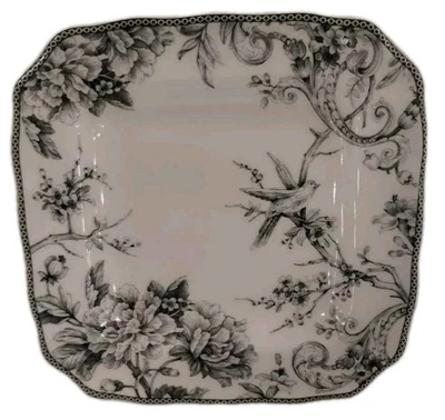 222 Fifth ADELAIDE GREY 4 DINNER PLATES SQUARE Bird Floral gray Elegant NEW - Image 1 of 4