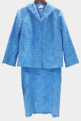 X1 Sigrid Olsen Falda Deportiva Traje Para Mujer 8 Azul Tejido Seda Tweed Flecos Borde Foto 1 de 4