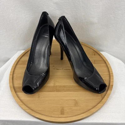 Stuart Weitzman Pumps High Heels 9.5 (H) Black Patent Leather Peep Toe Stiletto - Image 1 of 4