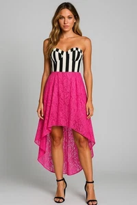 Womens Skater Dress M Striped Floral Lace Y2K Skater Grunge Hi Low Punk Lined - Bild 1 von 19