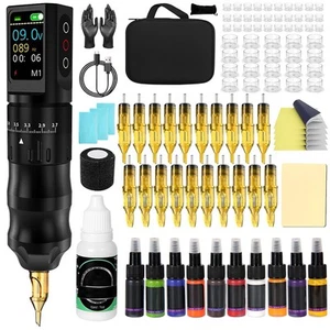 Wireless Tattoo Kit Complete Rotary Pen Machine Power Supply Needles Ink/1200mAh - Picture 1 of 12