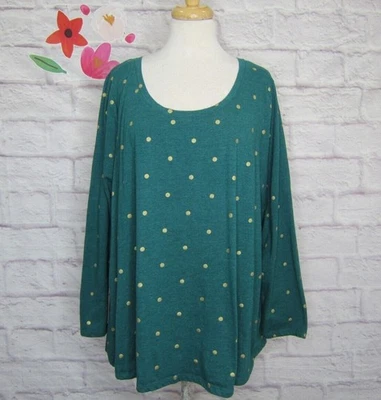 Lane Bryant Top Plus Size 22/24 Gold Polka Dot Stretch Cotton Long Sleeve Green - Image 1 of 4