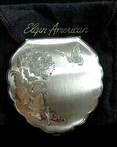 SELTEN ALT Elgin amerikanisches Sterlingsilber UNBENUTZT geätztes Blumenpulver kompakt - Bild 1 von 12