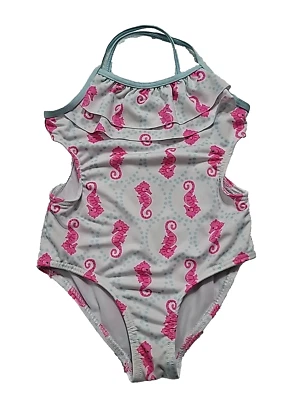 Penelope Mask Ruffle Sea Horse Swim Suit Little Girls Size 5 White Blue Pink - Image 1 of 4