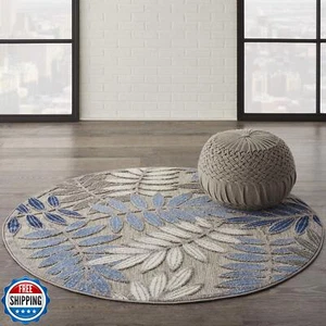 Nourison Aloha Indoor/Outdoor Grey/Blue 4' x Round Area Rug, Easy Cleaning, N - Picture 1 of 5