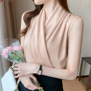 Women Elegant Korean Casual V-Neck Business Workwear Satin Shirts Tops Blouse
