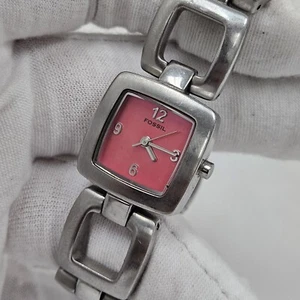 Fossil F2 Wrist Watch Women Silver Tone Pink Square Dial New Battery 6.5" - Picture 1 of 6