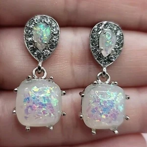 Silver Tone Clear Rhinestone Faux Opal Cabachon Dangle Pierced Earrings - Picture 1 of 14
