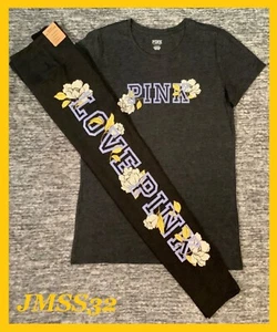 Victoria's Secret Pink Floral T-Shirt + Leggings Set Grau Flieder Vanille L XL  - Bild 1 von 12