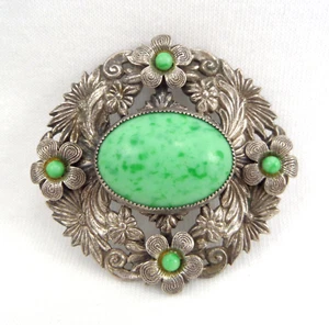 Vintage antike Art Deco Anstecknadel Brosche oval meliert grün Peking Glas 2" breit - Bild 1 von 8