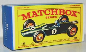 Matchbox Lesney No 19 Lotus Racing Car Empty Repro E  Style Box