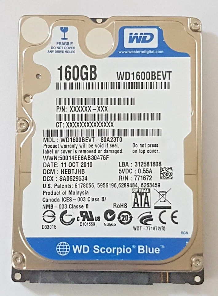 160 GB SATA II Western Digital WD1600BEVT-80A23T0 5400rpm 8MB 2.5 " Hard Drive - Image 1 of 1