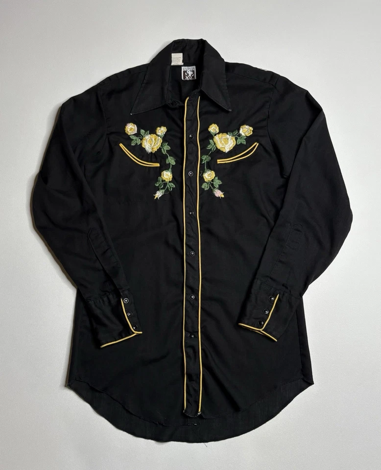 Camisa De Colección Karman Vaquera Western Perla Bordada a Presión Floral Para Hombres S/M 14 1/2 Foto 1 de 4