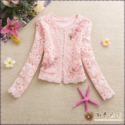 Women's Sweet Lace Beaded Short Coat Top Pink Crew Neck Long Sleeve Lace Jacket - Image 1 of 4