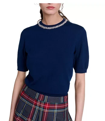 Maje Mylene Fine Knit Crystal Neck Navy Jumper Sweater - Small / 1 - retail $265 - Image 1 of 4
