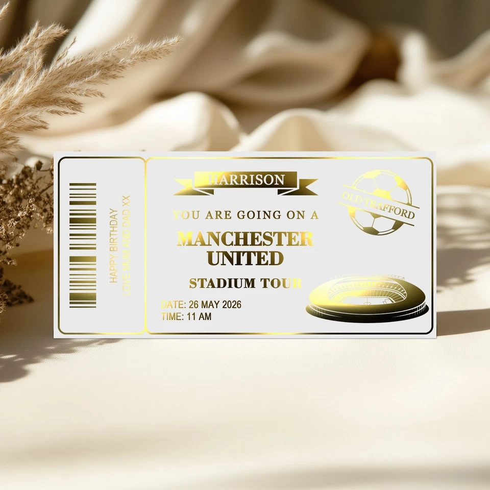 VIOLET GRACE Personalised Football Stadium Tour Metallic Foil Ticket, Surprise Custom Gift Vo