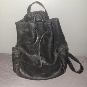 FOSSIL Drawstring Backpack Purse BUCKET BAG ~ Black Leather - Picture 1 of 12