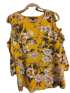 ROZ & ALI Top Damen Größe L gelb geblümt 3/4 Ärmel Cold Shoulder U-Ausschnitt - Bild 1 von 5